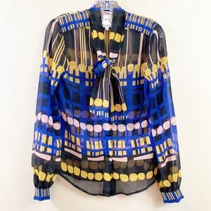 Yoana Baraschi Tie- Neck Sheer Abstract Royal Blue/Black Long Sleeve Top